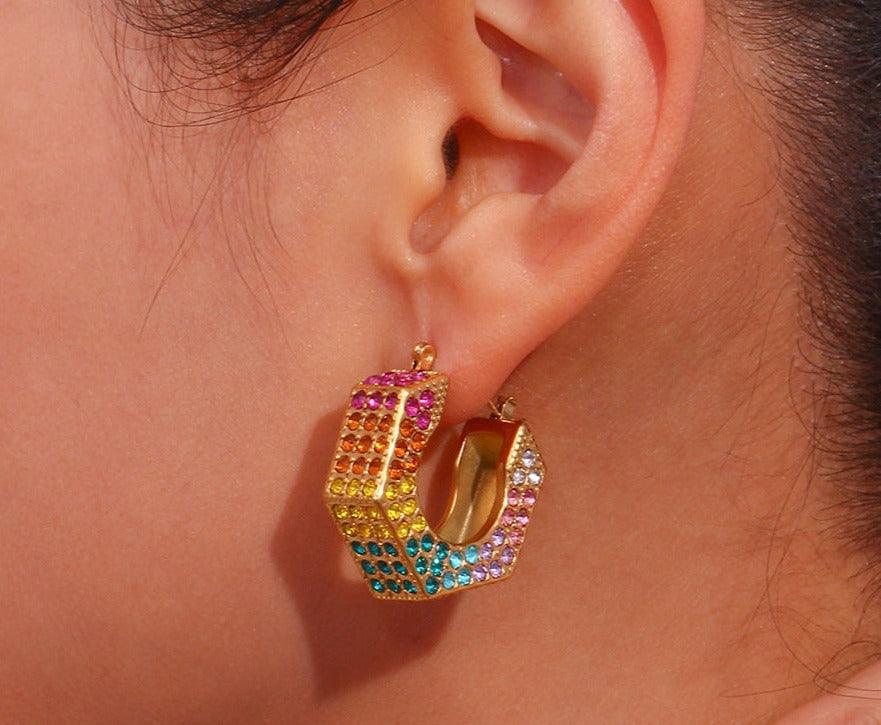 Boucles d'Oreilles Créoles Multicolores en Plaquées Or 18K