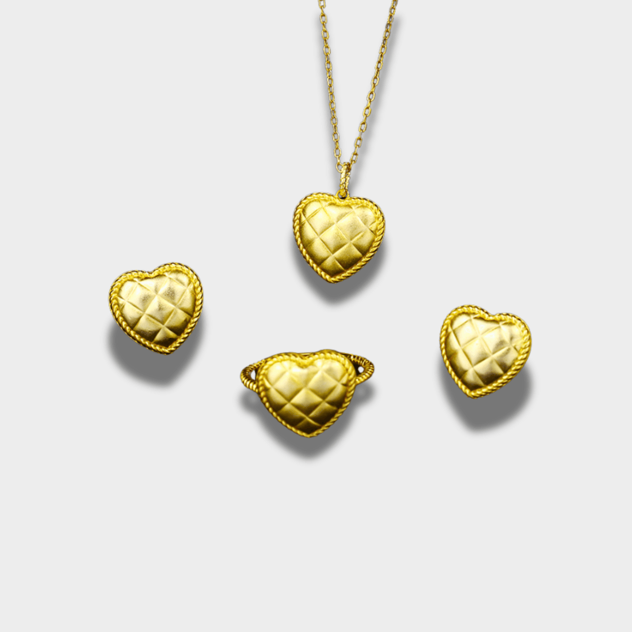 Golden Quilted Heart Silver Necklace and Earrings Set | GottaIce